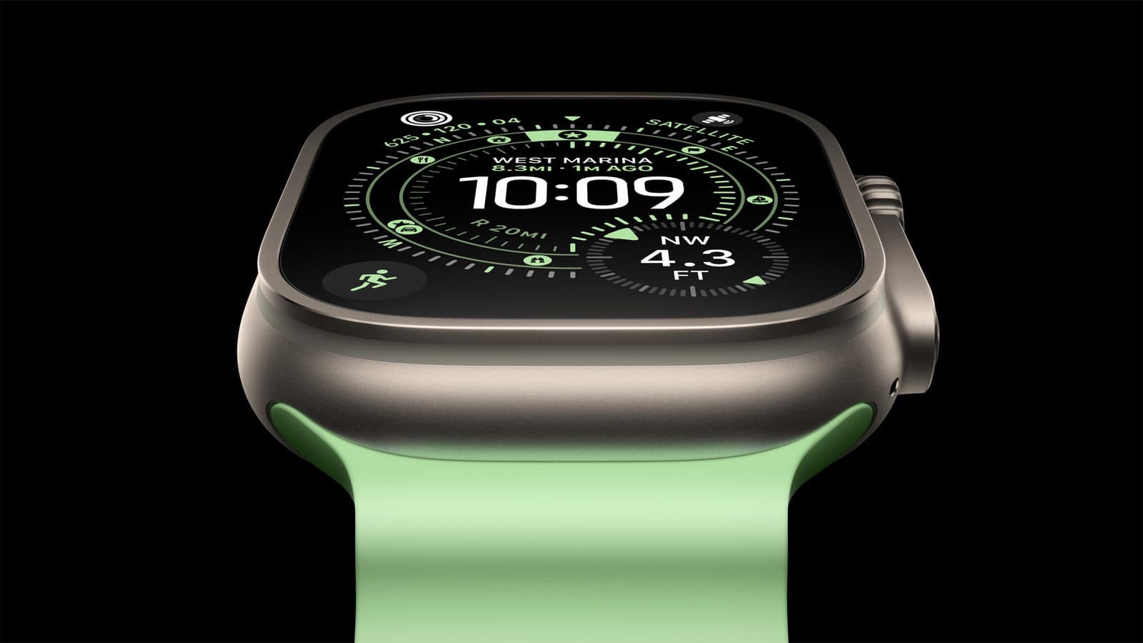 Apple Watch Ultra 3, boîtier titane naturel et bracelet vert, cadran allumé
