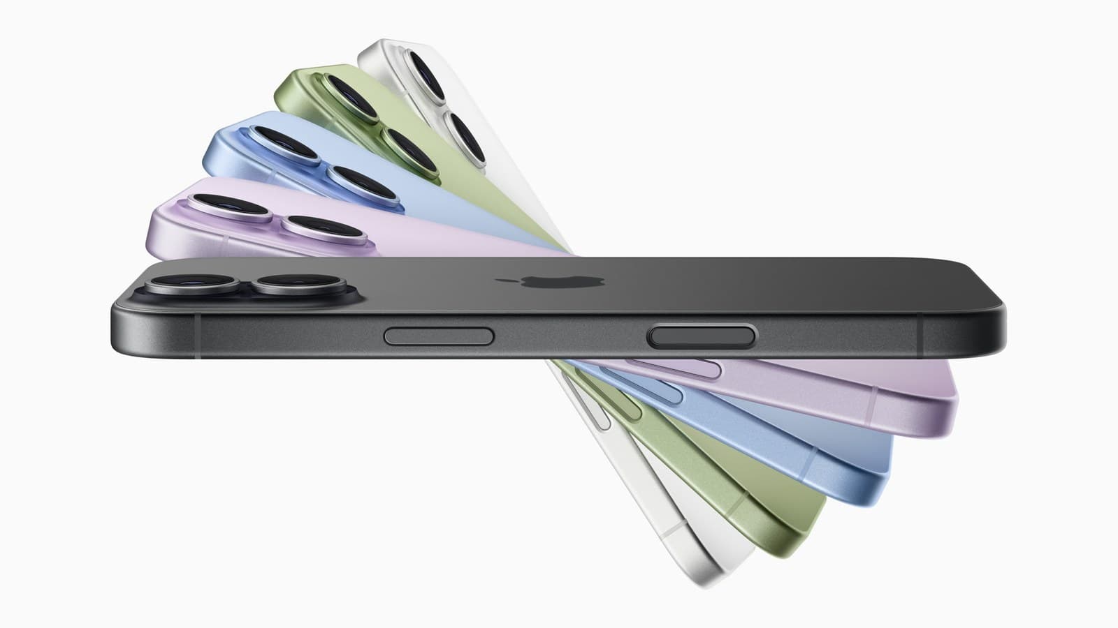 Gamme d'iPhone posée en éventail, un modèle noir de face et cinq coloris derrière