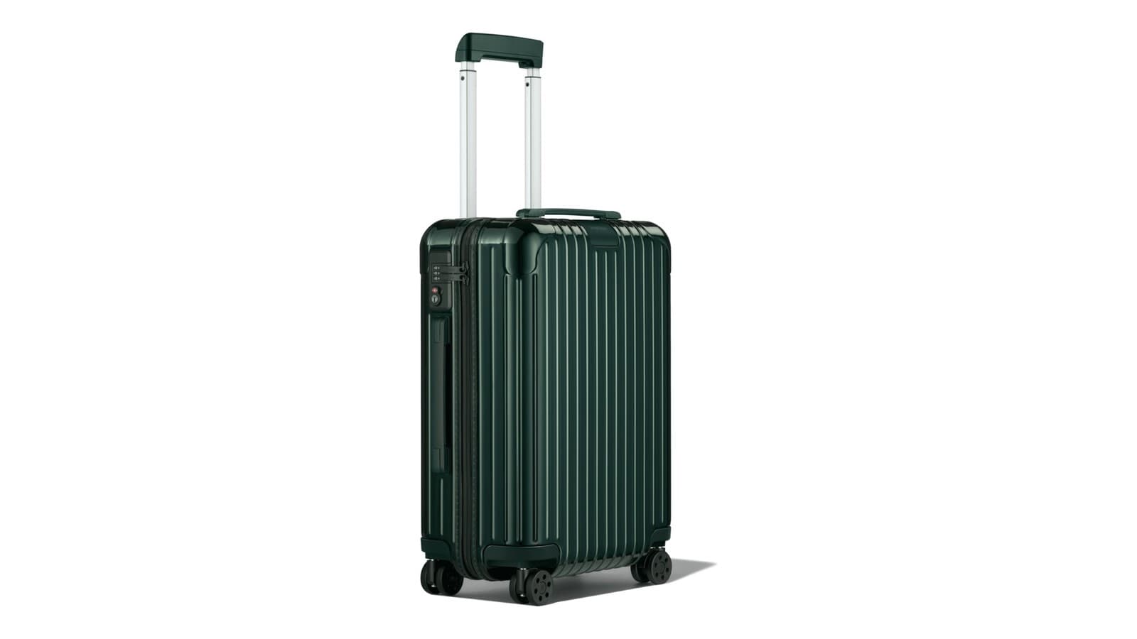 Valise cabine Rimowa Essential vert brillant de trois quarts, poignee telescopique deployee