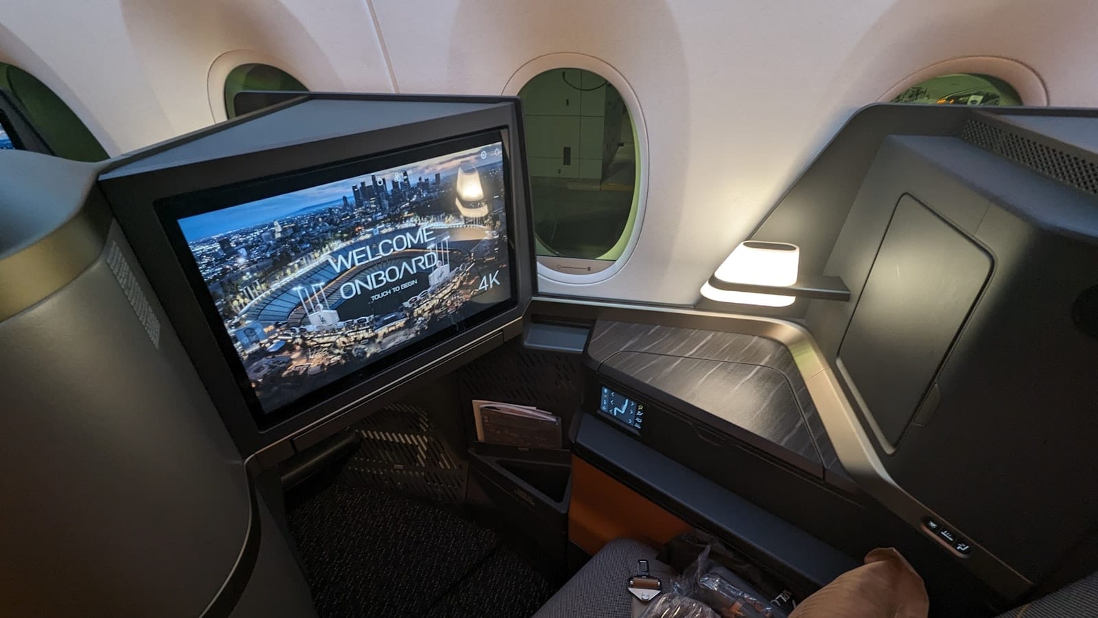 Cabine tout-affaires d'un Airbus A321neo vue depuis l'allée centrale, sièges en cuir gris disposés en 2-2, hublots ouverts sur un ciel de fin de journée